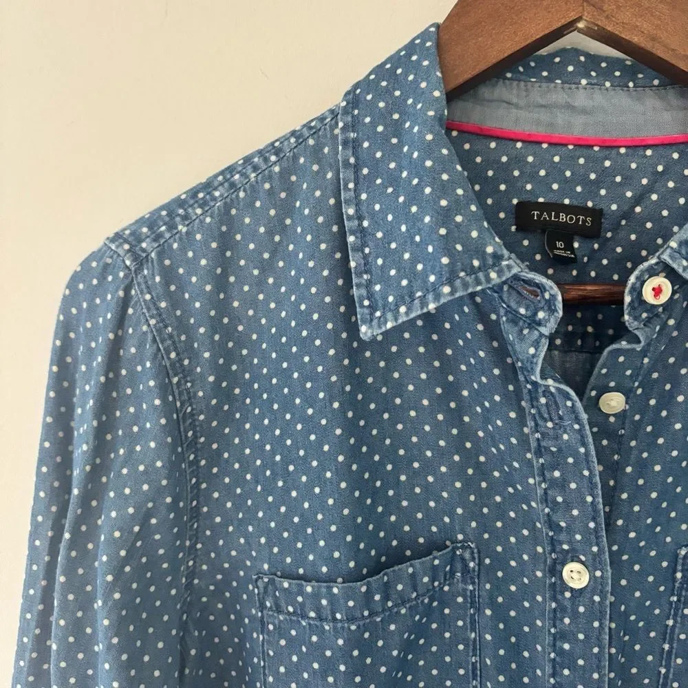 Talbots Polka Dot Chambray Button-Down Shirt – 100% Cotton Size 10